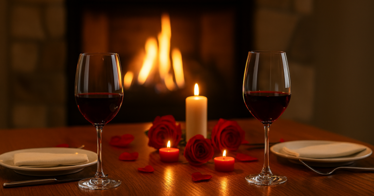 Close up of a romantic dinner setting with wine glasses in front of a gas fireplace