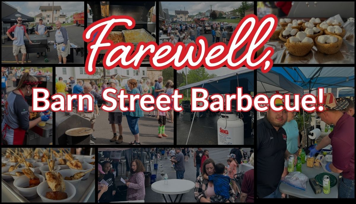 Photo collage of Shaffer's Bottled Gas Barn Street Barbecue overlayed with "Farewell, Barn Street Barbecue" text